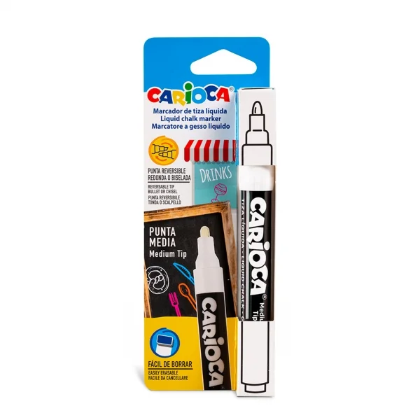 Carioca Rotulador de Tiza Liquida - Base de Agua - Punta Reversible - Resistente a la Luz - Facil de Borrar - Aplicable sobre Pizarra y Cristal - Color Blanco