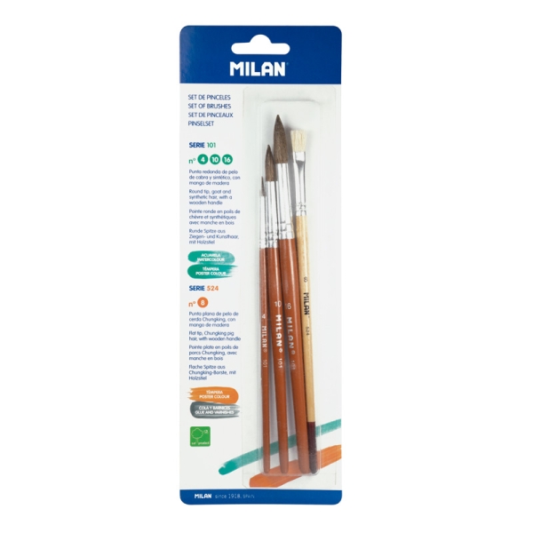 Milan 101 Pack de 3 Pinceles Redondos - Formatos Surtidos - Pelo de Cabra y Sintetico - Incluye 1 Pincel Serie 524 Numero 8 - Color Madera Oscuro