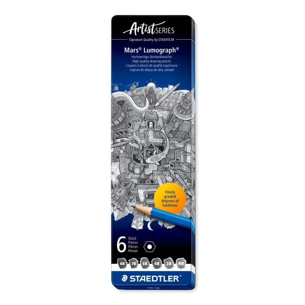 Staedtler Mars Lumograph 100 Caja Metalica con 6 Lapices de Grafito de Graduaciones 8B, 7B, 6B, 4B, 2B, HB - Alta Resistencia a la Rotura - Madera de Bosques Certificados