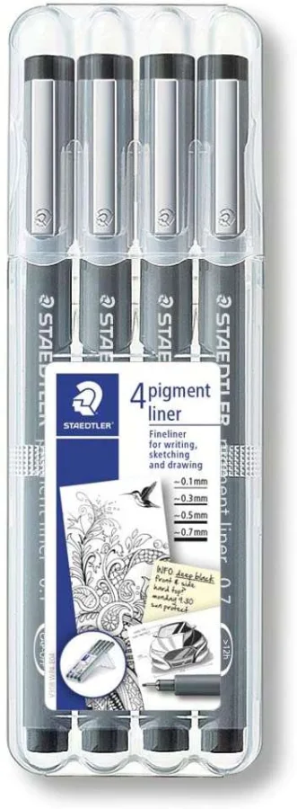 Staedtler Pigment Liner 308 Pack de 4 Rotuladores de Punta Fina - Punta Larga - Secado Rapido - Color Negro