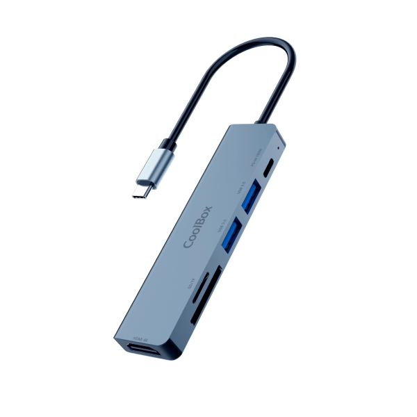 CoolBox MiniDock C61 USB-C - 1x HDMI 4K, 2x USB 3.2 Gen1, 1x USB-C PD, 1x SD, 1xMicroSD/TF - Compatible con PC, MAC y Consolas - Aluminio - Color Gris