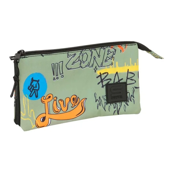 Safta Graffiti Zone Portatodo - 3 Compartimentos con Cremalleras - Bolsillo Interior - 0.60L - 220x30x120mm - Color Verde