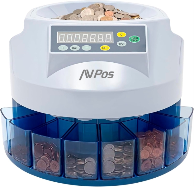 AVPos Contador/Clasificador de Monedas CCM6 - Monedas Desde 1 Centimo Hasta 2 Euros - Color Blanco/Azul
