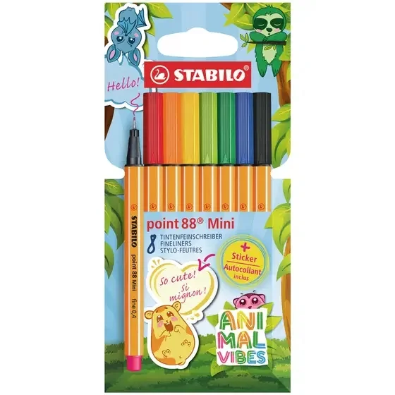 Stabilo Point 88 Mini Animal Vibes Pack con 8 Rotuladores de Punta Fina de Fibra - Incluye 5 Pegatinas Personalizables - Trazo de 0.4 mm - Tinta con Base de Agua - Colores Surtidos