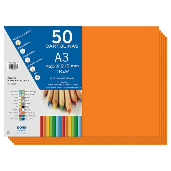 Dohe Pack de 50 Cartulinas A3 de 180gr - Con PH Neutro - Libres de Cloro Elemental - Color Naranja