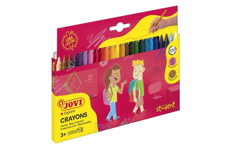 Jovi Crayons Student Estuche de 24 Ceras - Resistentes - No Manchan - Agradables de Rayar - Acabado Brillante - Gran Duracion - Mezclables - Color Surtido