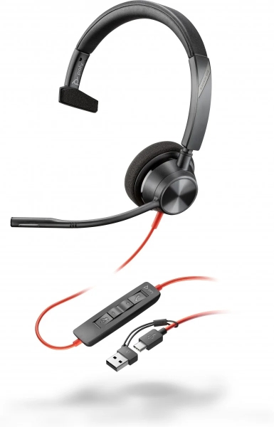 HP Poly Blackwire 3310 USB-C Auricular Monoaural con Microfono - Almohadilla Acolchada - Controles en Cable - Incluye Adaptador a USB-A - Color Negro