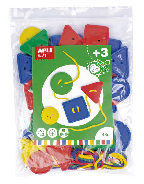 Apli Juego de 48 Botones Ensartables - Formas y Tamaños Variados - Desarrolla Psicomotricidad y Creatividad - Colores Surtidos