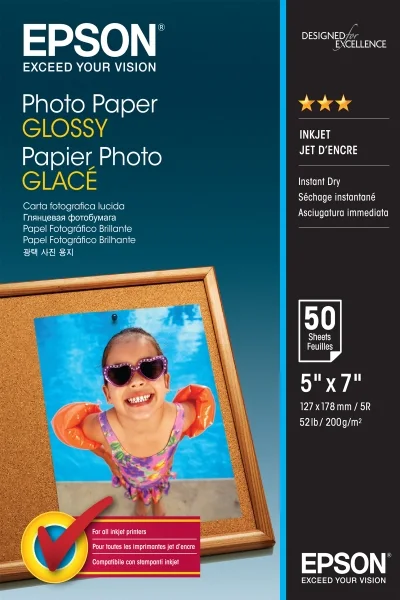 Epson Photo Glossy Pack de 50 Hojas de Papel Fotografico - 13x18cm - Gramaje de 200g/m2 - Acabado Brillante - Compatible con Impresoras Inkjet - Color Blanco