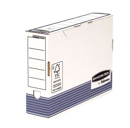 Fellowes Bankers Box Caja de Archivo Definitivo 80mm Folio - Montaje Fastfold - Carton con Certificacion FSC - Medidas Internas 80x 360x255mm - Color Blanco/Azul · Pack de 10 uds.