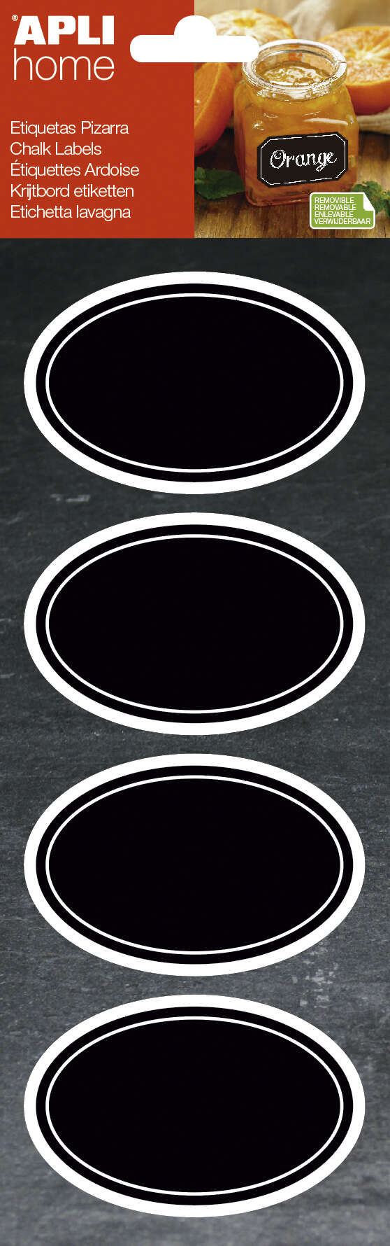 Apli Etiquetas Pizarra Ovaladas 80x50mm - Adhesivo Removible - 2 Hojas (8 Etiquetas) - Tiza Liquida o Convencional - Borrado Facil - Rotuladores Permanentes - Color Negro · Pack de 10 uds.