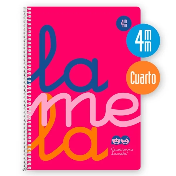 Lamela Cuaderno Espiral con 80 Hojas de 90g/m2 con Margen - Formato Cuarto - Pauta Cuadrovia de 4mm - Cubierta Extra Dura - Papel Offset Blanco Extra - Color Rosa