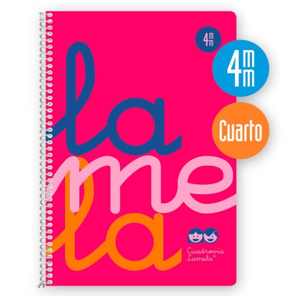 Lamela Cuaderno Espiral con 80 Hojas de 90g/m2 con Margen - Formato Cuarto - Pauta Cuadrovia de 4mm - Cubierta Extra Dura - Papel Offset Blanco Extra - Color Rosa
