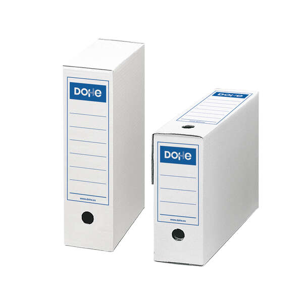 Dohe Caja de Archivo Definitivo - Tamaño Folio - Medidas 255x355x100mm - Utilizable en Horizontal y Vertical - Facil Montaje - Color Blanco · Pack de 50 uds.