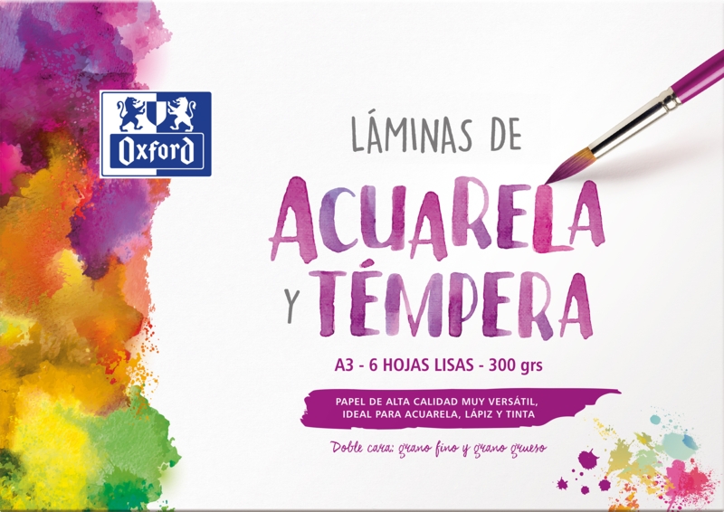 Oxford Pintura Escolar - Sobre de Laminas de Acuarela y Tempera A3 - 6 Hojas de 300gr - Papel Liso de Alta Calidad · Pack de 5 uds.