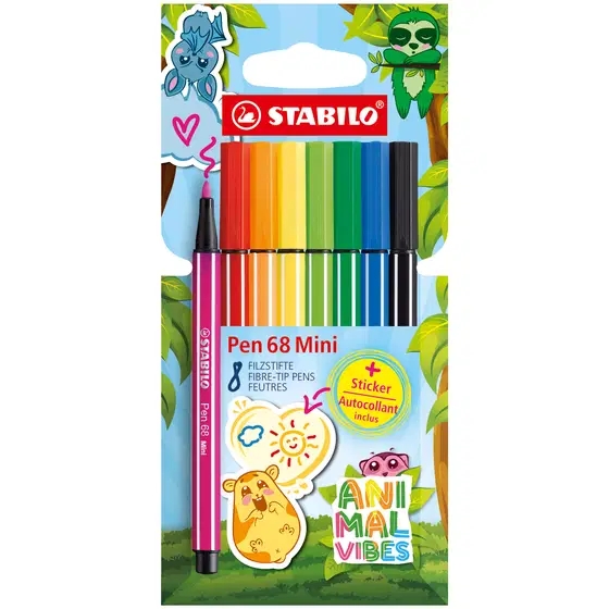 Stabilo Pen 68 Mini Animal Vibes Pack con 8 Rotuladores - Punta de Fibra - Incluye 5 Pegatinas Personalizables - Trazo de 1mm aprox. - Tinta a Base de Agua - Capuchon Ventilado - Colores Surtidos