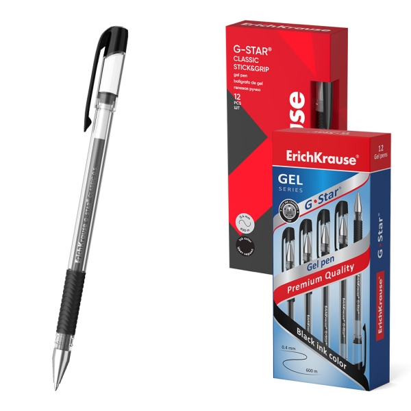 ErichKrause G-Star Stick and Grip Classic Boligrafo con Capuchon - Punta de 0.5mm - Trazo 0.3mm - Tinta de Gel - Resistente al Agua - Zona de Agarre de Goma - Secado Rapido - Color Negro · Pack de 12 uds.