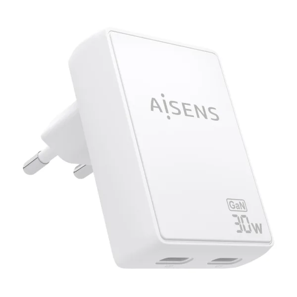 Aisens Cargador GaN Ultra Delgado 30W - 2xUSB-C PD3.0 QC4.0 - Tecnologia AI - Color Blanco