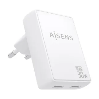 Aisens Cargador GaN Ultra Delgado 30W - 2xUSB-C PD3.0 QC4.0 - Tecnologia AI - Color Blanco