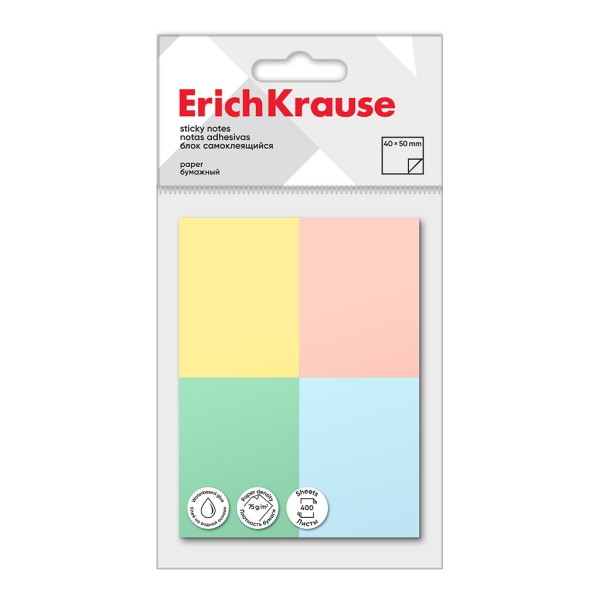ErichKrause Pack de 4 Blocs de 100 Notas Adhesivas Reposicionables - Papel de 75g/m2 - 40X50mm - Pegamento a Base de Agua - Colores Surtidos