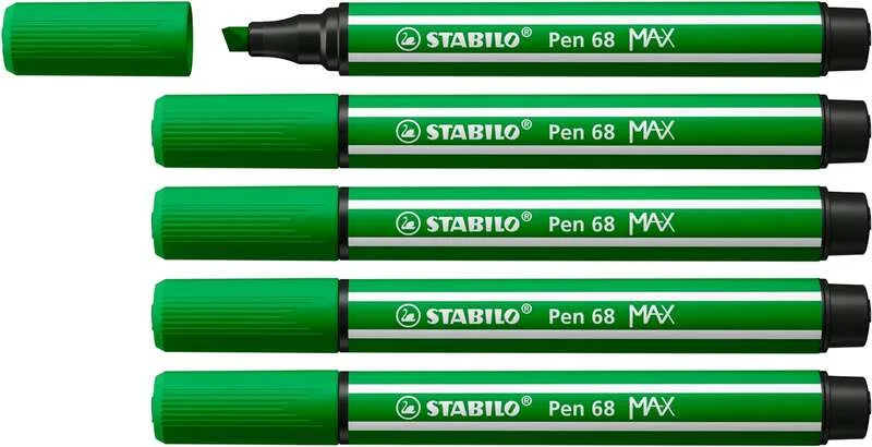 Stabilo Pen 68 MAX Rotulador - Punta de Fibra Biselada - Trazo entre 1-5mm aprox. - Tinta a Base de Agua - Color Verde · Pack de 5 uds.