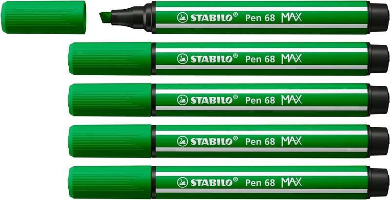 Stabilo Pen 68 MAX Rotulador - Punta de Fibra Biselada - Trazo entre 1-5mm aprox. - Tinta a Base de Agua - Color Verde · Pack de 5 uds.