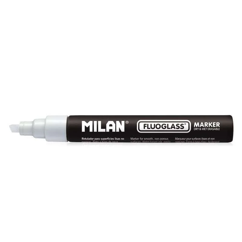 Milan Fluoglass Rotulador Superficies Lisas - Punta Biselada - Trazo de 2 - 4mm - Tinta al Agua - Borrado Facil - Color Blanco · Pack de 12 uds.