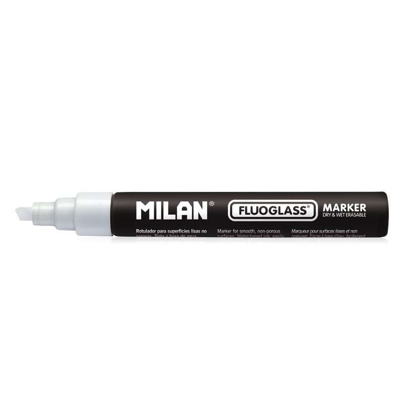 Milan Fluoglass Rotulador Superficies Lisas - Punta Biselada - Trazo de 2 - 4mm - Tinta al Agua - Borrado Facil - Color Blanco · Pack de 12 uds.