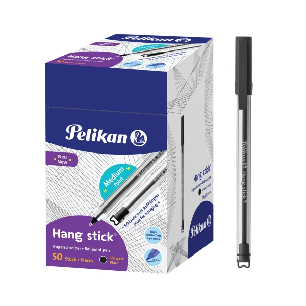 Pelikan Hang Stick Boligrafo de Bola - Trazo de 1mm - Capuchon Antiasfixia - Cuerpo Triangular Ergonomico - Gancho - Tinta a Base de Aceite - Color Negro · Pack de 50 uds.
