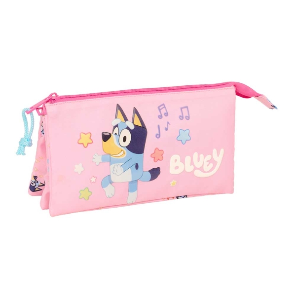 Safta Bluey Dance Portatodo - 3 Compartimentos con Cremallera - Bolsillo Interior Central - 22x12x3cm - Color Rosa
