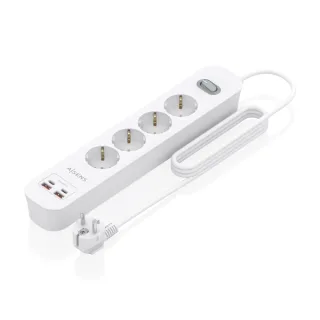 Aisens Regleta con 4 Tomas Schuko - 2xUSB-C - 2xUSB-A - Cable de 1.4m - Interruptor con Indicador LED - Power Delivery - Qualcomm 3.0 - Color Blanco