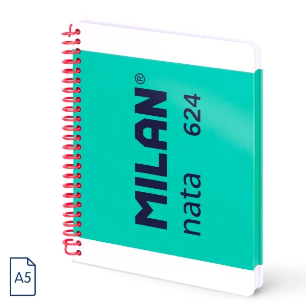 Milan Nata 624 Cuaderno A5 con Espiral - Cuadriculado - 80 Hojas de 95Gr - Tapa Dura - Color Verde