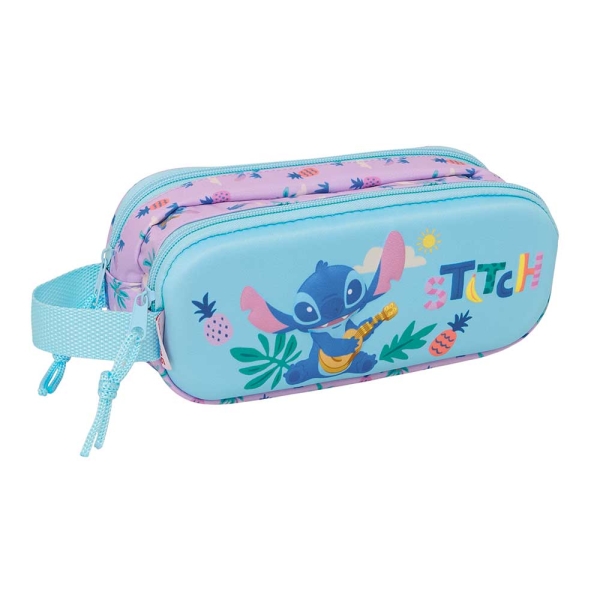 Safta Stitch Portatodo 3D - 2 Compartimentos con Cremallera - Asa Lateral - Capacidad 1L - 21x8x6cm - Color Azul Pastel
