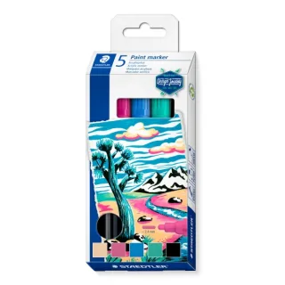 Staedtler Lumocolor 349 Pack con 5 Marcadores Acrilicos Permanentes - Trazo 2.4 mm aprox. - Tinta Base de Agua - Colores Surtidos
