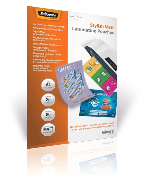 Fellowes Admire Pack de 25 Fundas para Plastificar - Formato A4 - Efecto Mate Antirreflejos - 80 micras - Transparente