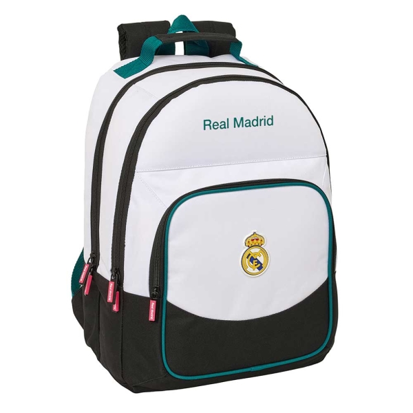 Safta Real Madrid Equipacion 26/27 Mochila - Adaptable a Carro - Bolsillo Frontal - Portabotellas - Cremallera con Doble Tirador - Asa de Mano - Espalda Acolchada - 32x42x16cm - Color Blanco y Negro