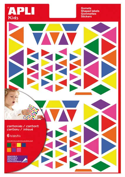 Apli Gomets Triangulares Removibles - Tamaños Surtidos - 648 Gomets por Bolsa - Desarrollo de Habilidades y Creatividad - Colores: Verde, Naranja, Rosa, Azul, Rojo, Lila y Amarillo · Pack de 10 uds.