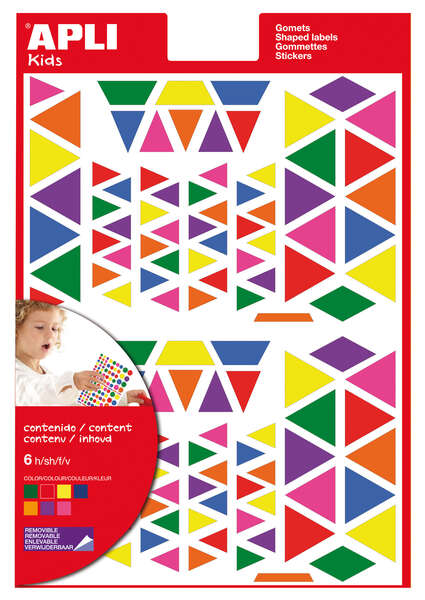Apli Gomets Triangulares Removibles - Tamaños Surtidos - 648 Gomets por Bolsa - Desarrollo de Habilidades y Creatividad - Colores: Verde, Naranja, Rosa, Azul, Rojo, Lila y Amarillo · Pack de 10 uds.