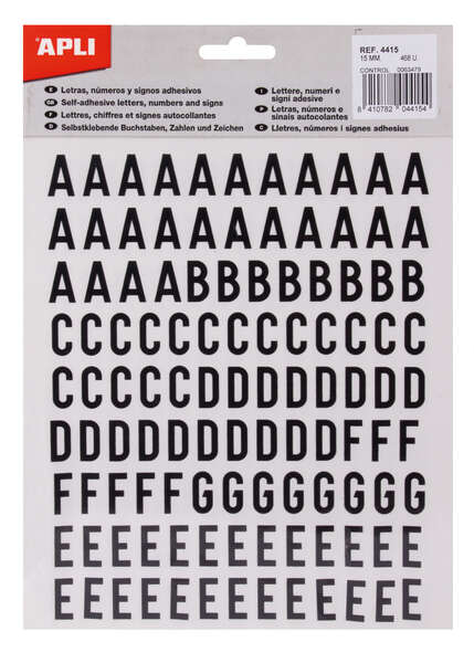 Apli Letras Adhesivas de Palo Mayusculas - Altura 15mm - Pack de 4 Hojas con 468 Letras - Color Negro · Pack de 5 uds.