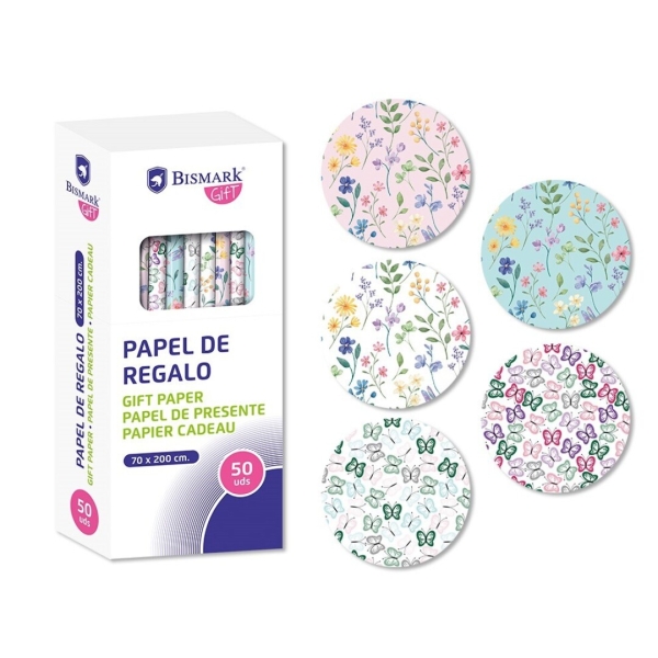 Bismark Naturaleza Rollo de Papel Regalo - Medidas 70cmx200cm - 5 Diseños Diferentes - 10 Rollos por Diseño · Pack de 50 uds.