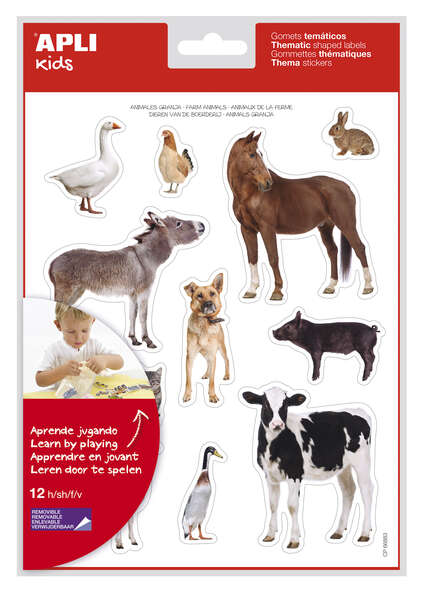 Apli Gomets Tematicos Realistas Animales de la Granja - 144 Gomets en 12 Hojas - Adhesivo Removible - Ideal para Desarrollar Habilidades Motoras - Adhesivo Base Agua - Libre de Disolventes - Gran Surtido Tematico · Pack de 5 uds.