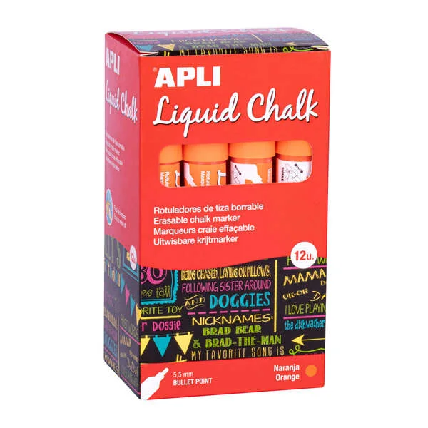 Apli Pack de 12 Rotuladores de Tiza Liquida - Punta Redonda - Ideal para Pizarras, Plastico, Vinilos, Metal, Etc - Facil de Borrar - Secado Rapido - Color Naranja