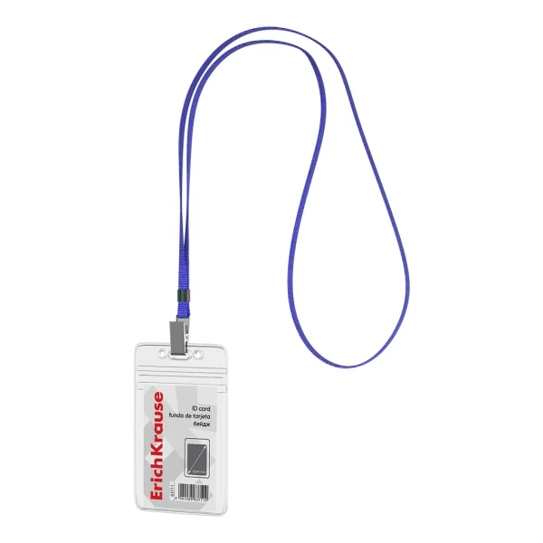 ErichKrause Funda para Tarjeta con Colgante - Orientacion Vertical - PVC - Incluye Colgante Azul - Formato 62x91mm - Color Transparente