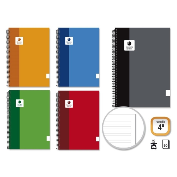 Golden Extra Cuaderno Espiral 4º 80 Hojas 90grs 1 Raya - Margen Remarcado - Tapa Forrada - Colores Surtidos · Pack de 10 uds.