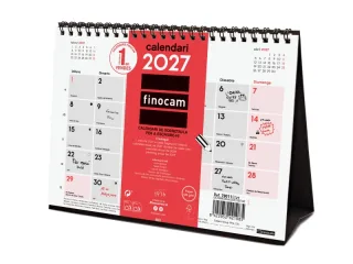 Finocam Neutro Calendario de Sobremesa en Catalan - Anual 2027 - Mes Vista - Formato S - 210x150mm - Espiral Doble - Papel de 120g/m2 - Espacio para Escribir - Color Rojo y Blanco