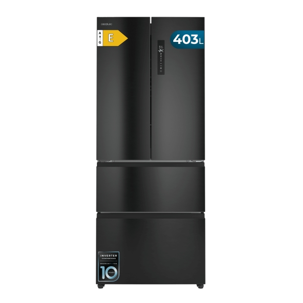 Cecotec Bolero CoolMarket F2D 403 Dark E Frigorifico Puerta Francesa de 4 Puertas - Capacidad 403L - Luz LED - Pantalla Digital - Compresor Inverter - Total Nofrost - Modo Vacaciones - Color
