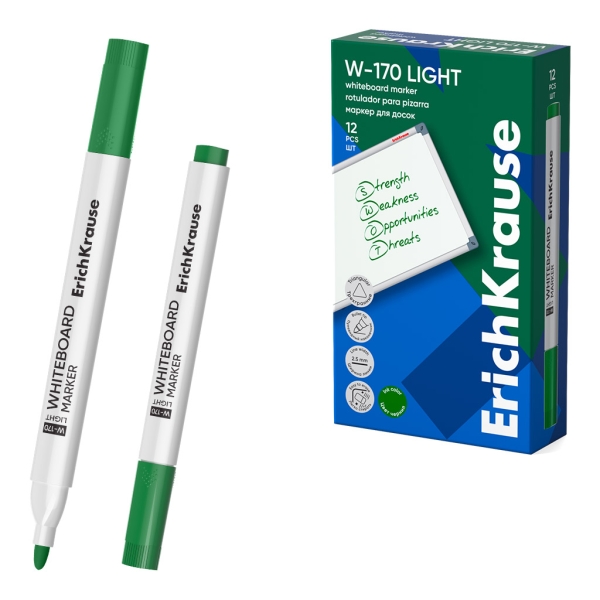 ErichKrause W-170 Light Rotulador para Pizarra Blanca - Facil de Borrar - Punta Conica - Trazo de 2.5mm - Secado Rapido - Cuerpo Triangular - Color Verde · Pack de 12 uds.