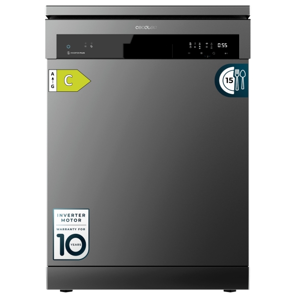 Cecotec Bolero Aguazero 6500 Dark C Lavavajillas de 60cm - 15 Cubiertos - Bandeja para Cubiertos - 6 Programas - Motor Inverter - Inicio Programable - Funcion Media Carga - Color Gris Oscuro