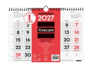 Finocam Neutro Calendario de Pared en Catalan - Anual 2027 - Mes Vista - Formato M - 300x210mm - Espiral Doble - Papel de 120g/m2 - Numeros Grandes - Color Rojo y Blanco
