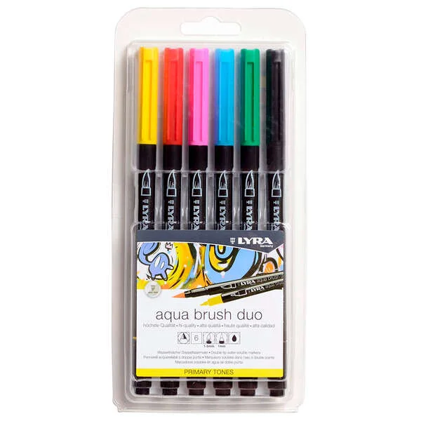 Lyra Aqua Brush Duo Basic Tones Pack 6 Rotuladores de Doble Punta - Punta Pincel 4mm, Punta Fina 2mm - Tinta Base de Agua - Colores Basicos Surtidos